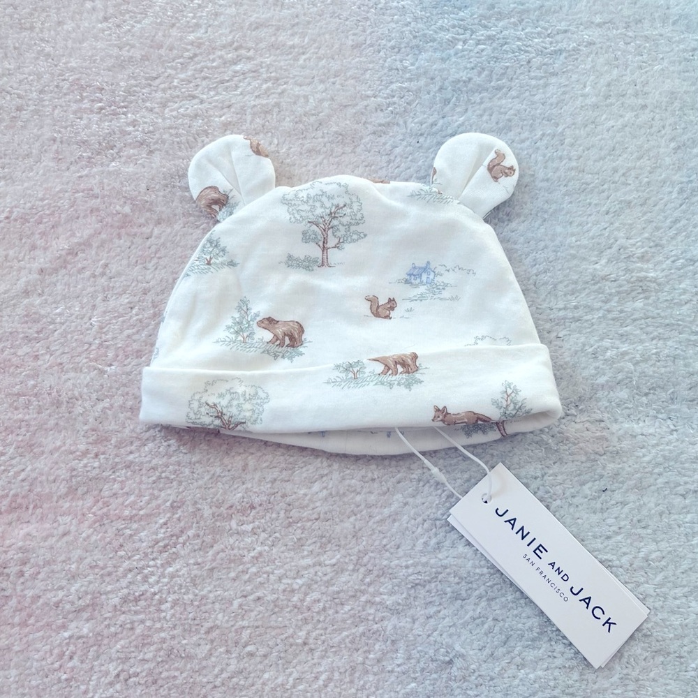 Janie and Jack Woodland Toile Animal Print Baby Hat - 0-3 Months